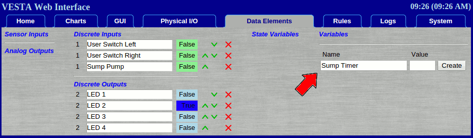 A screenshot of the user creating a variable named Sump Timer