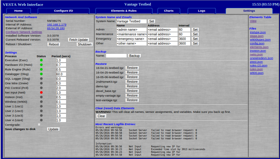 A screenshot of the Settings tab of the Vesta homepage